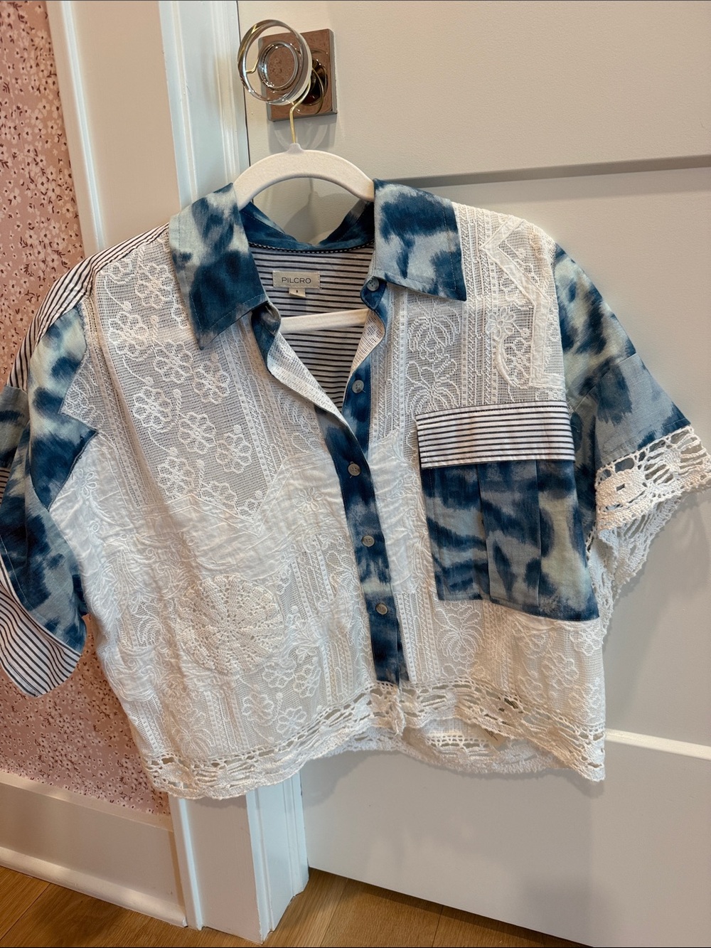 Anthropologie-Pilcro White Lace Patchwork Shirt with Blue Floral Accents